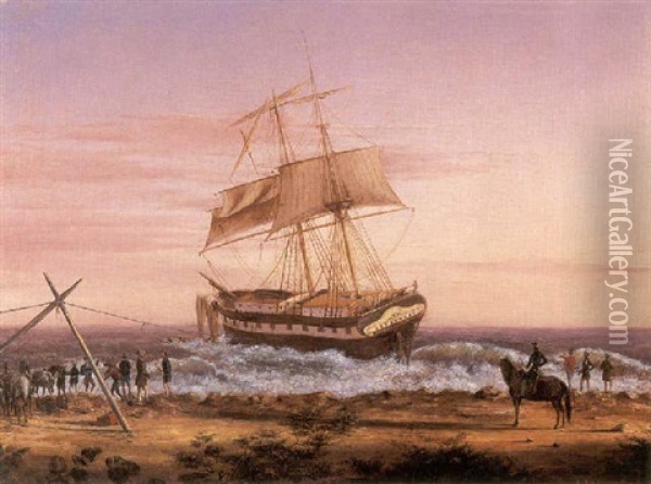 Run Aground Oil Painting - Charles DeWolf Brownell
