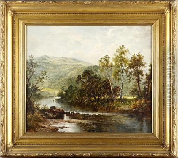 River In Wooded Hills Oil Painting - Benjamin Williams Leader