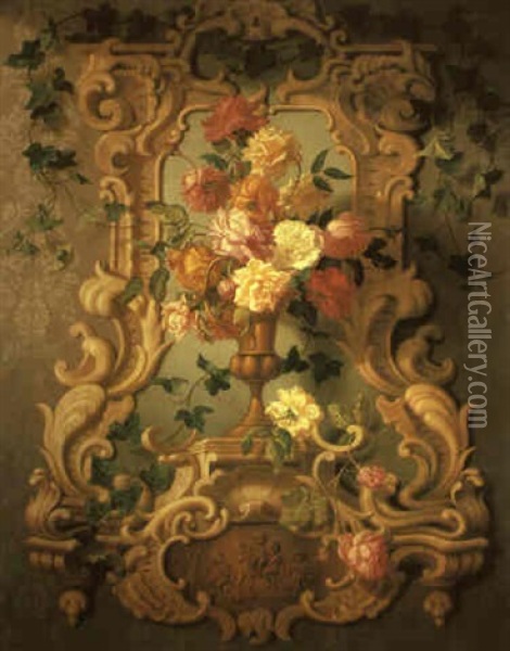Roses And Ivy In A Golden Urn On A Plinth Oil Painting - Josef Schuster