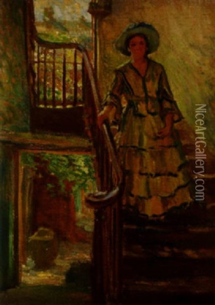 Woman Descending A Stairway, New Orleans Oil Painting - Robert Wadsworth Grafton