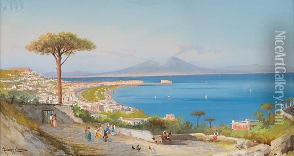 Napoli Da Posillipo Con Popolani Danzanti Oil Painting - Antonio Coppola