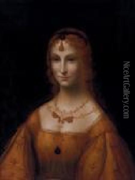 Portrait Of A Young Lady In A Gold Silk Dress Oil Painting - Leonardo Da Vinci