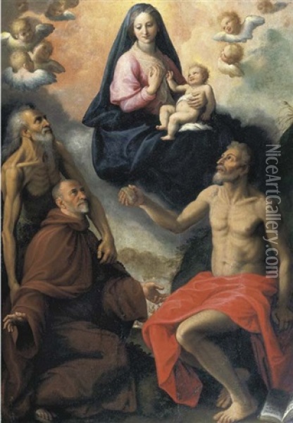 Madonna Con I Santi Onofrio, Gerolamo E Un Devoto Oil Painting - Fabrizio Santafede