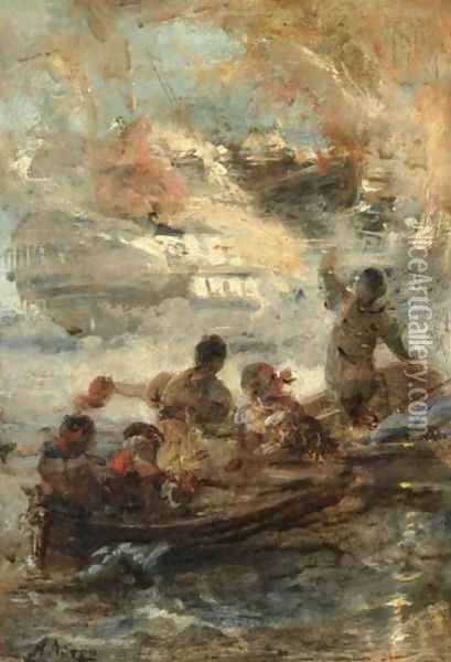 Sinking of the Turkish Flagship by Kanaris Oil Painting - Nikiforos Lytras
