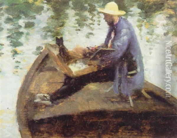 Self Portrait Of The Artist In A Boat Oil Painting - James Carroll Beckwith