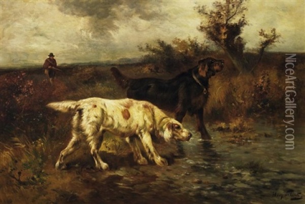 Jagdhunde In Weiter Herbstlandschaft. Im Hintergrund Der Herannahende Jager Oil Painting - Henry Schouten
