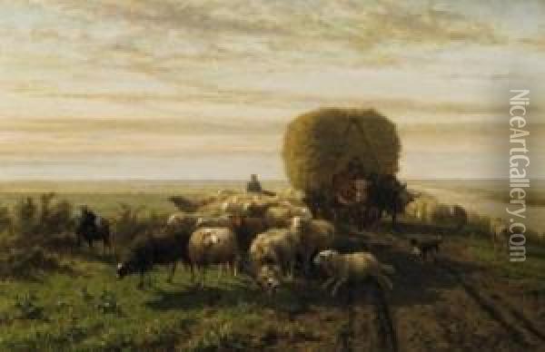 Haywagon Surrounded By Herd Of Sheep. Signed Bottom Right: H.v.d. Flier F Oil Painting - Helmert Richard Van Der Flier