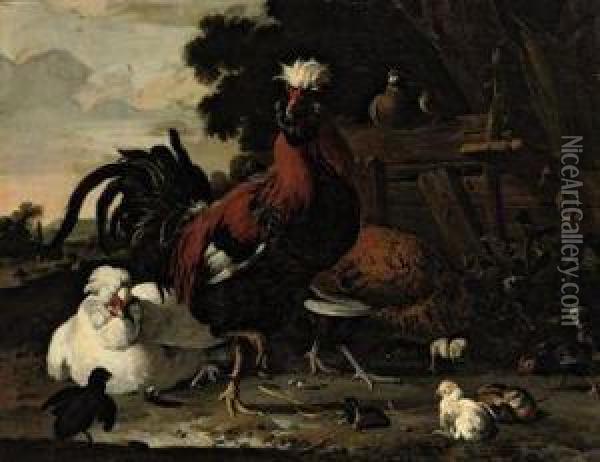 A Rooster, Hens, Chicks And A Pigeon Near A Wood Paling In Alandscape Oil Painting - Melchior de Hondecoeter