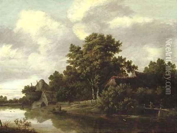 A wooded river landscape with a peasant crossing a bridge and fishermen in a boat, cottages nearby Oil Painting - Salomon Rombouts