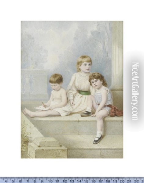 Three Children Seated Before A Column On A Stone Veranda (cracked) Oil Painting - Robert Henderson