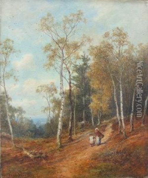 Two Children Walking Along A Wooded Path Oil Painting - David Bates