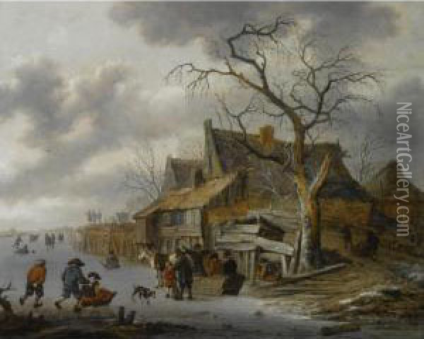 A Winter Landscape With Figures Skating On A Frozen River Oil Painting - Salomon Rombouts