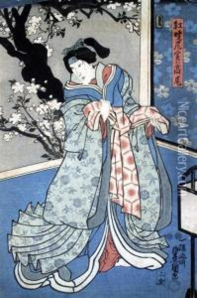 Geisha On A Terrace Oil Painting - Kunisada