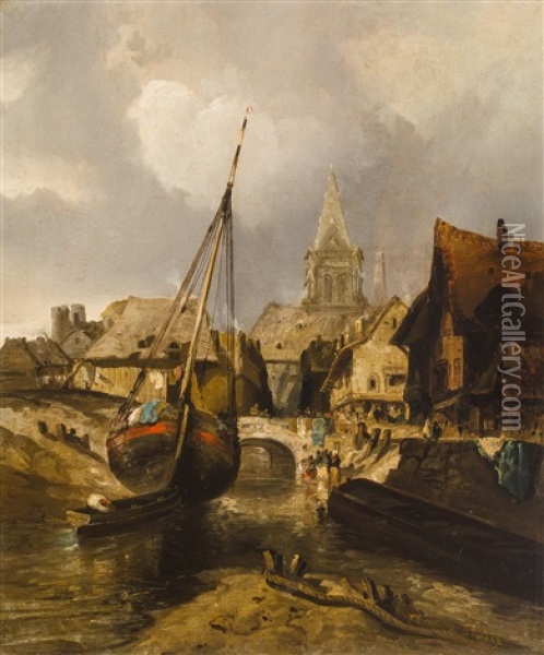 Fishing Village Oil Painting - Thomas Moran