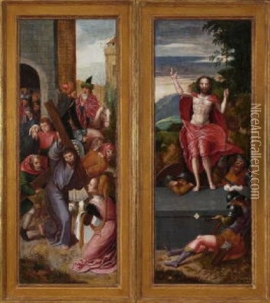 Kreuztragung (+ Auferstehung Christi; 2 Works) Oil Painting - Pieter Coecke van Aelst the Elder