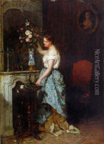 Arranging The Bouquet Oil Painting - Antoine Emile Plassan