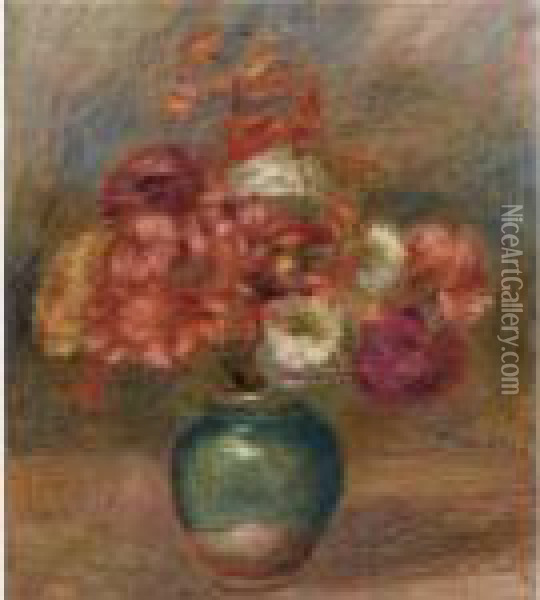 Bouquet De Fleurs Dans Un Vase Vert Oil Painting - Pierre Auguste Renoir