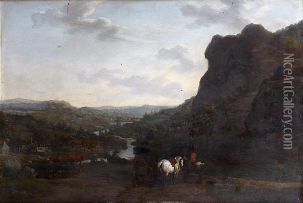 Cavalier A L'arret Devant Un Paysage De Riviere Oil Painting - Joseph Swebach-Desfontaines