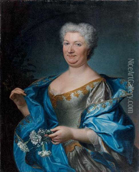 Portrait De Femme A La Draperie Bleue Oil Painting - Jean-Baptiste Oudry
