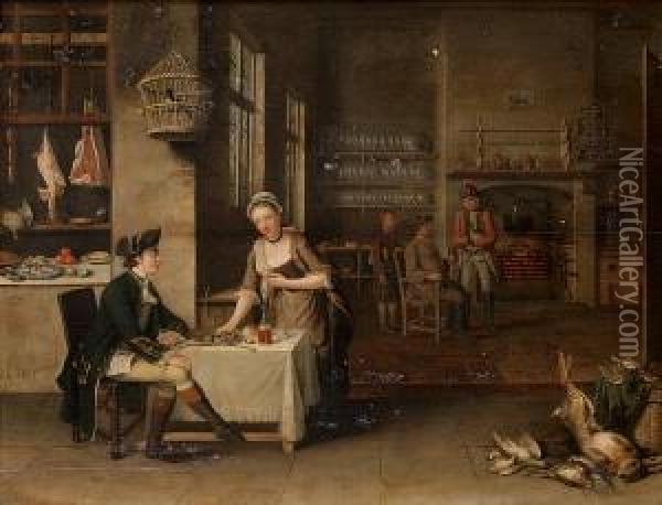 A Tavern Interior With A Gentleman Beingserved Dinner By A Maid In The Foreground, An Army Officer Andother Figures In A Kitchen Beyond Oil Painting - John S.C. Schaak