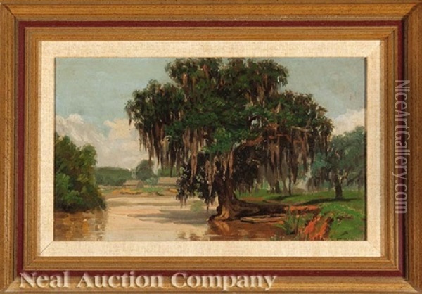 Live Oak With Farm Around The Bend, Southern Louisiana Oil Painting - Charles Wellington Boyle