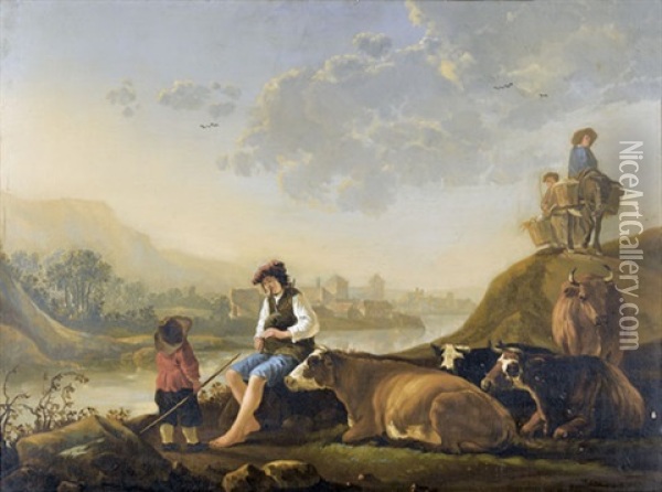 Flussuferpartie Mit Hirten, Vieh Und Reisenden Oil Painting - Aelbert Cuyp