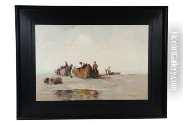 Fisherman Repair Nets On Beached Dories Oil Painting - Edward A. Page