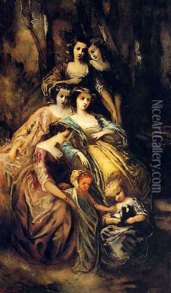 Empress Eugenie And Her Attendants Oil Painting - Adolphe Monticelli