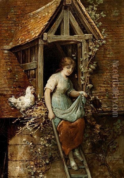A Young Girl Collecting Eggs While Standing On A Ladder Oil Painting - Hendricus-Jacobus Burgers