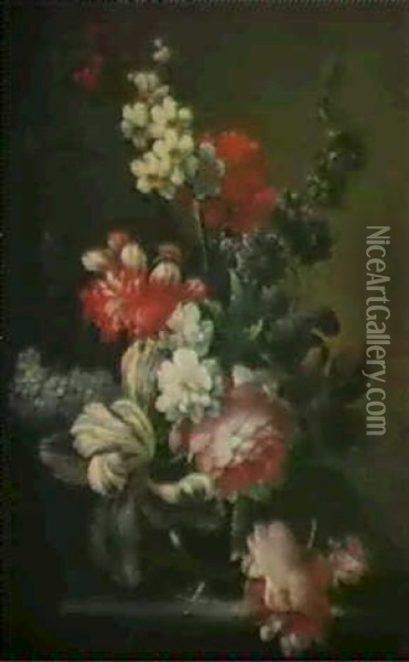 Stilleben Mit Rosen, Narzisse, Tulpe, Mohn, Schneeball,     Anemone Und Nelken In Glasvase Oil Painting - Cornelis Verelst