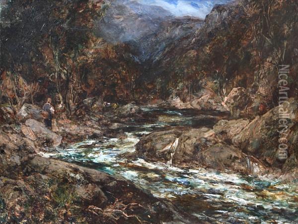 On The Lledr, North Wales Oil Painting - Joseph Vickers De Ville