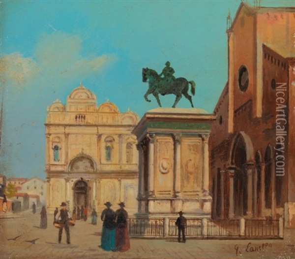 Basilika Ss Giovanni E Paolo Mit Dem Bartolomeo Colleoni-reiterstandbild Oil Painting - Giuseppe V. Canella