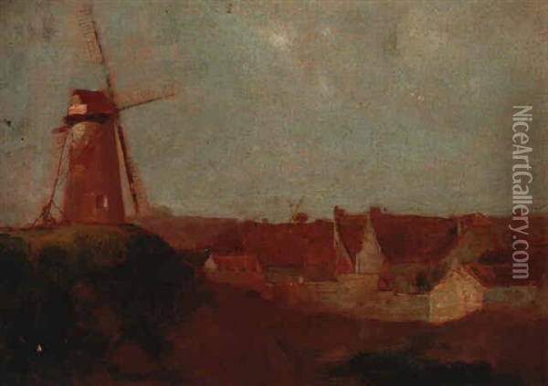 Windmill And Village Oil Painting - Odilon Redon