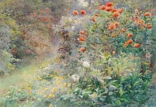 A Cornish Garden Oil Painting - Ethel C. Nisbet