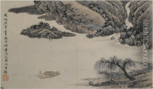 Landscape With Fishermen Oil Painting - Shen Zhou