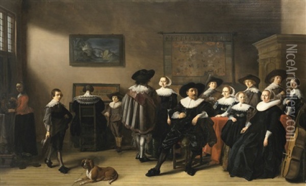 Family Portrait With Husband, Wife And Two Daughters Seated At A Table Draped In Red Cloth, A Son Playing A Lute, Another Son Holding A Fiddle Beside A Lady Playing The Virginal, A Maidservant Pouring Wine By The Window, And A Dog Resting On The Floor Oil Painting - Pieter Jacobs Codde