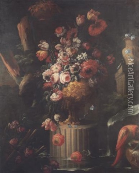 Peonies, Chrysanthemums, Tulips, Narcissi, Morning Glory And Other Flowers In A Sculpted Vase On A Ruined Column, With Roses And A Parrot Before A Waterfall Oil Painting - Nicola Casissa