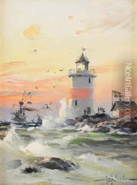 Kustlandskap Med Fyr Oil Painting - Af Herman Sillen