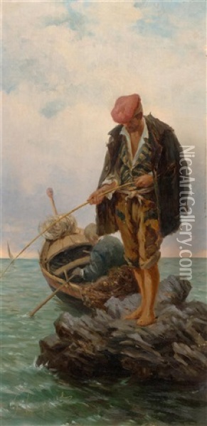 Zwei Fischer Auf Einem Felsen Im Meer Oil Painting - Gaetano Capone