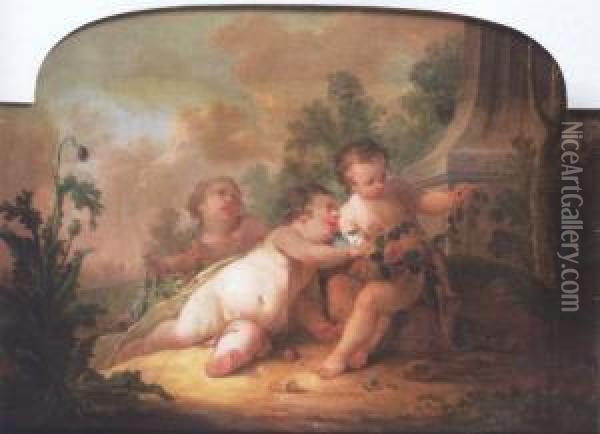 Three Putti Holding Garlands Of Flowers Beside A Classical Column Oil Painting - Hendrick Willelm Schweickhardt