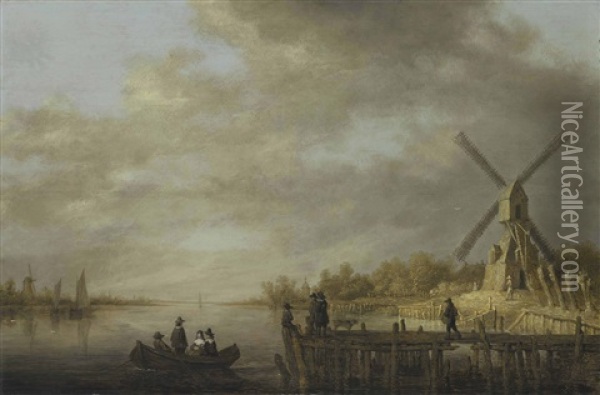 A River Landscape With A Windmill And Gentlefolk In A Rowing Boat And On A Jetty In The Foreground Oil Painting - Aelbert Cuyp