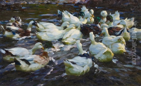 Beute. Achtzehn Enten Auf Dem Wasser Oil Painting - Alexander Max Koester