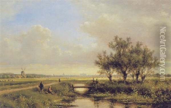 Anglers In A Summer Landscape Near Haarlem Oil Painting - Lodewijk Johannes Kleijn