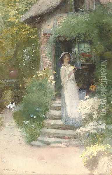 Picking flowers by the mill Oil Painting - James Mackay
