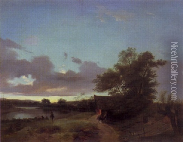 Nach Sonnenuntergang - Fischer Am See Oil Painting - Cantius Dillis