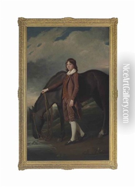 Portrait Of John Wharton Tempest (1772-1793), Full-length, In A Brown Coat And Breeches, With His Horse By A Stream, In A Landscape Oil Painting - George Romney