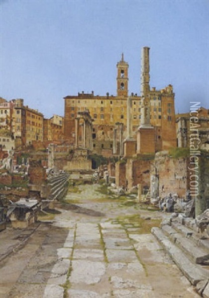 Parti Fra Forum Romanum Med Udsigt Mod Campigdoglio Oil Painting - Josef Theodor Hansen