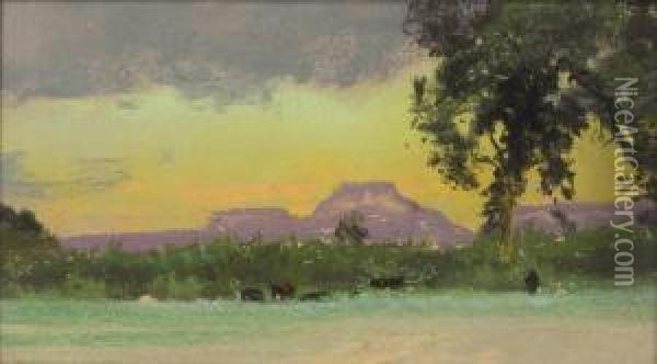 Landscape With Purple Butte And Lavender Sky Oil Painting - Charles Franklin Reaugh