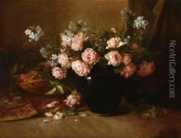Pink Roses With Oriental Rug Still Life Oil Painting - Edith White