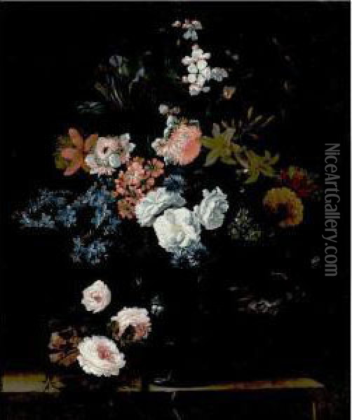Still Life Of Flowers In A Vase Resting On A Stone Ledge Oil Painting - Simon Hardime